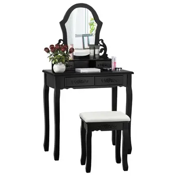 

Costway Vanity Makeup Dressing Table Jewelry Wooden Stool 4 Black