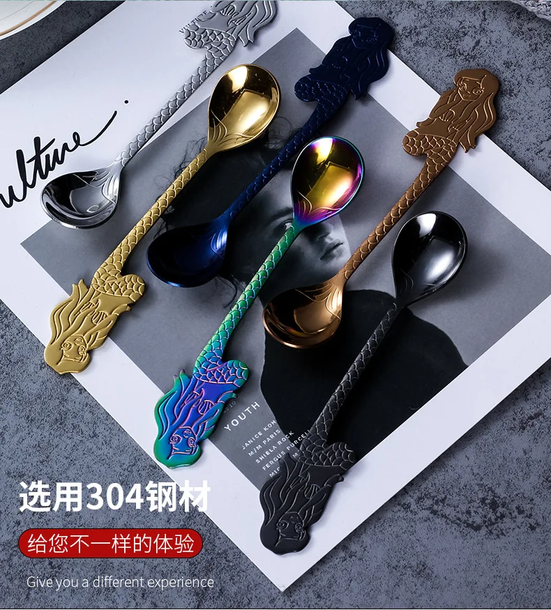 Coffee Spoon Stainless Steel Hanging Spoon Mermaid Cartoon Spoon Sub-304 Stainless Steel Hanging Stirring Spoon Cross Border