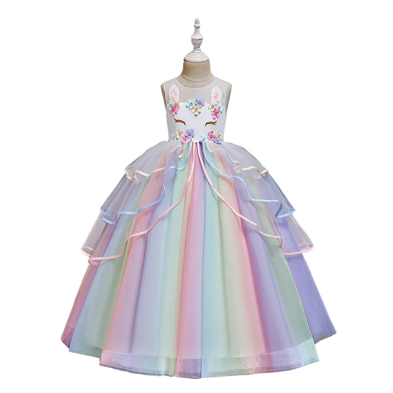 dress Рождественский костюм единорога для девочек Disfraz Unicornio с повязкой на голову; платье-пачка с цветами для детей; платья на день рождения, свадьбу, вечеринку - Цвет: dress