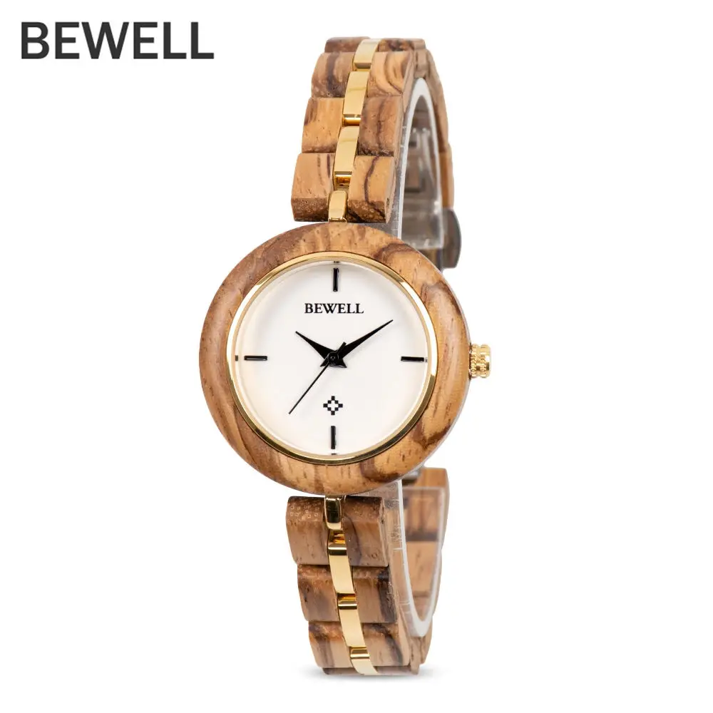 BEWELL zs-w164a женские часы с кварцевым механизмом из нержавеющей стали и деревянным ремешком, роскошные брендовые наручные часы, водонепроницаемые аналоговые часы - Color: ZEBRAWOOD
