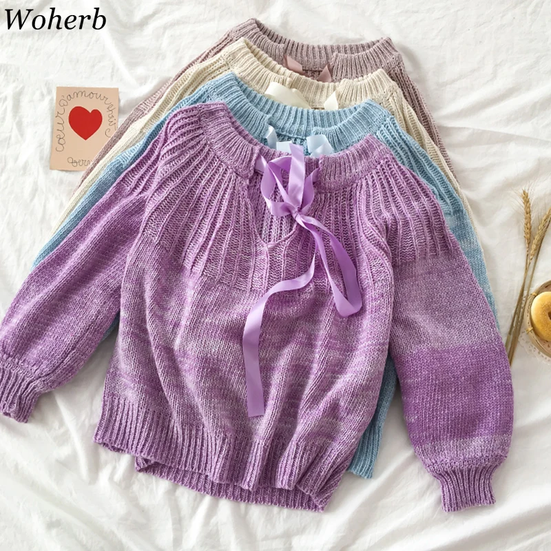 

Woherb Pullover Sweater Women Lace Up Slash Collar Long Lantern Sleeve Pullover Jumper Fashion Sweet Vintage Tops Knitwear 90758