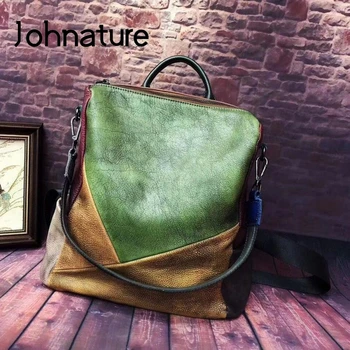 

Johnature Vintage Shoulder Bag Women Backpack 2020 New Hand-wiping Random Color Mixing Genuine Leather Handmade Travel Bags