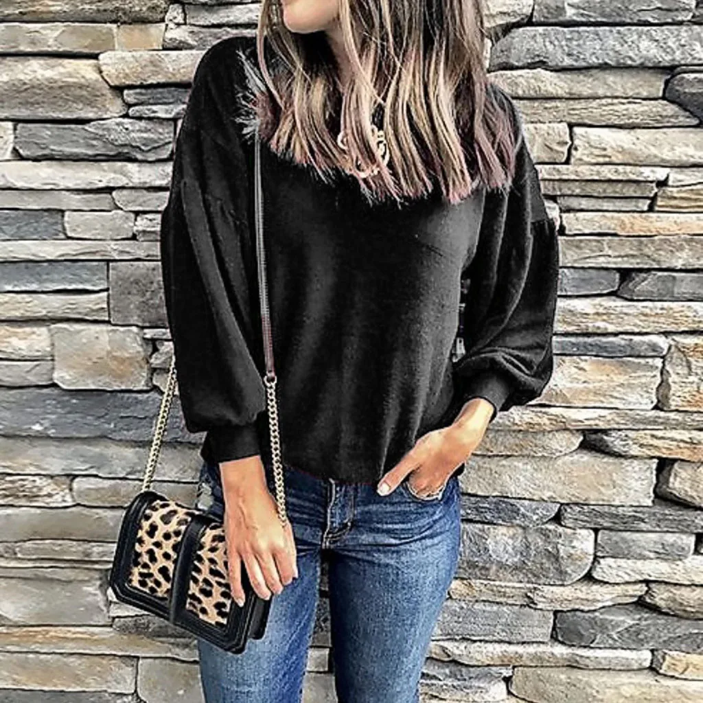 

Plus Size 5XL Sweatshirt Hoodie Women Loose Casual Solid Color Round Neck Lantern Long-Sleeve Pullover Sweatshirt Women Hoodie
