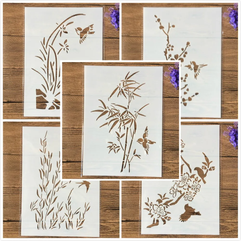 

5Pcs/Set A4 29cm Bird Grass Bamboo Plum DIY Layering Stencils Painting Scrapbook Coloring Embossing Album Decorative Template