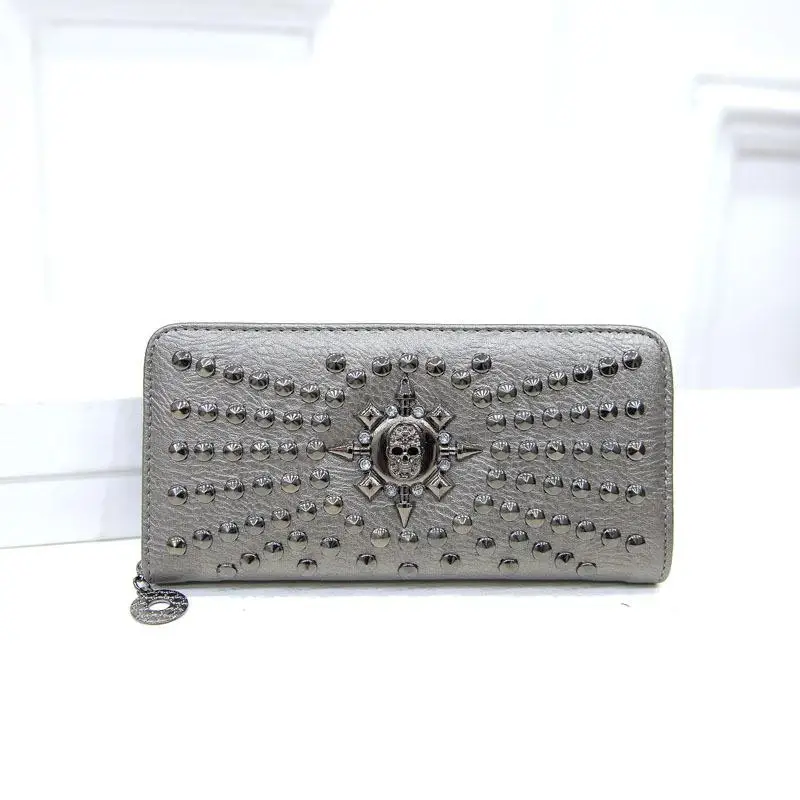 Женский кошелек cartera mujer, новинка, Винтажный Длинный кожаный кошелек, клатч, сумка, держатель для карт, с заклепками, кошелек для монет, portefeuille femme - Цвет: Silver