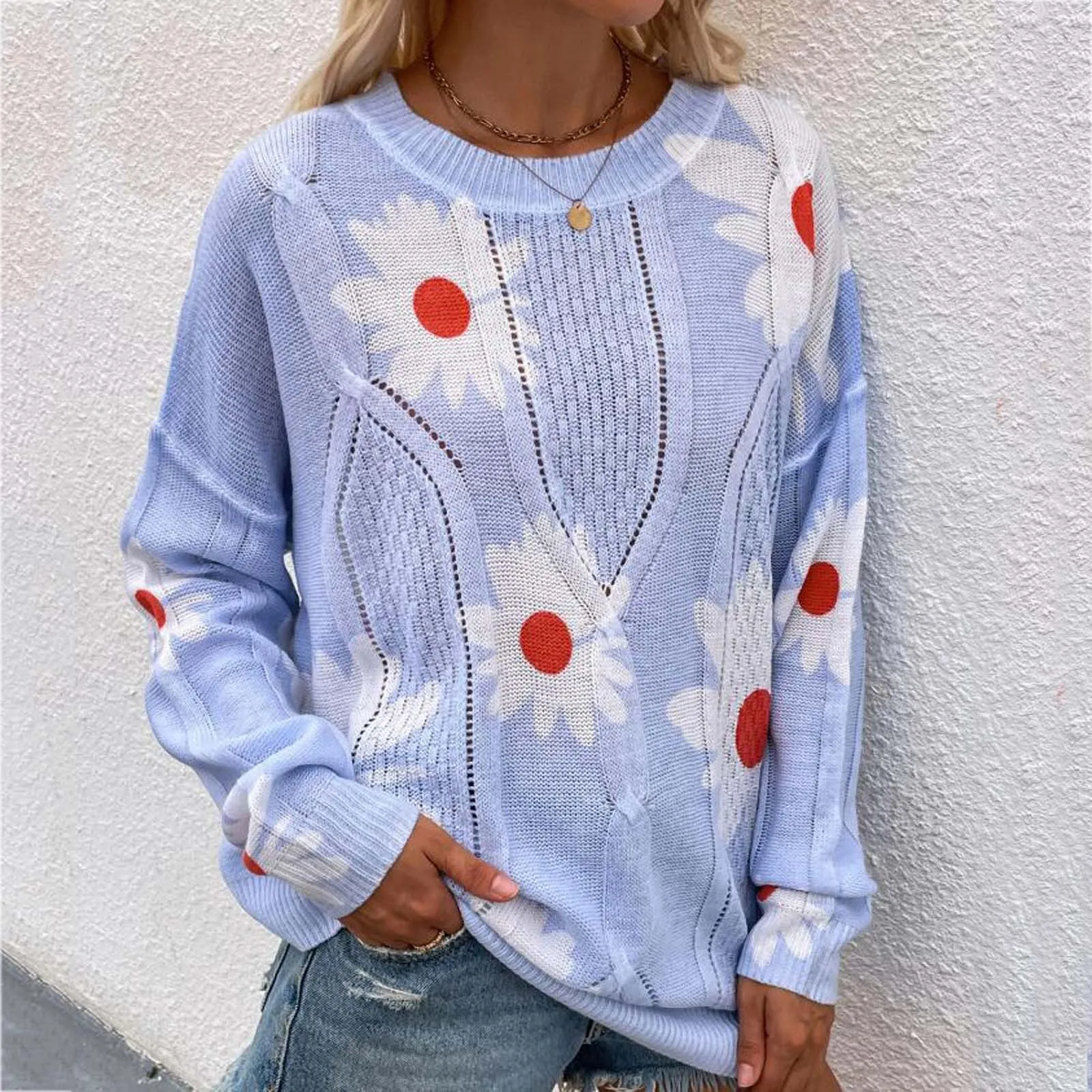 Women Sweater Daisy Printing Knitwear Loose Sweaters O-neck Long Sleeve Pullovers Coat Winter Top Pull Femme Jersey Mujer 2021 2