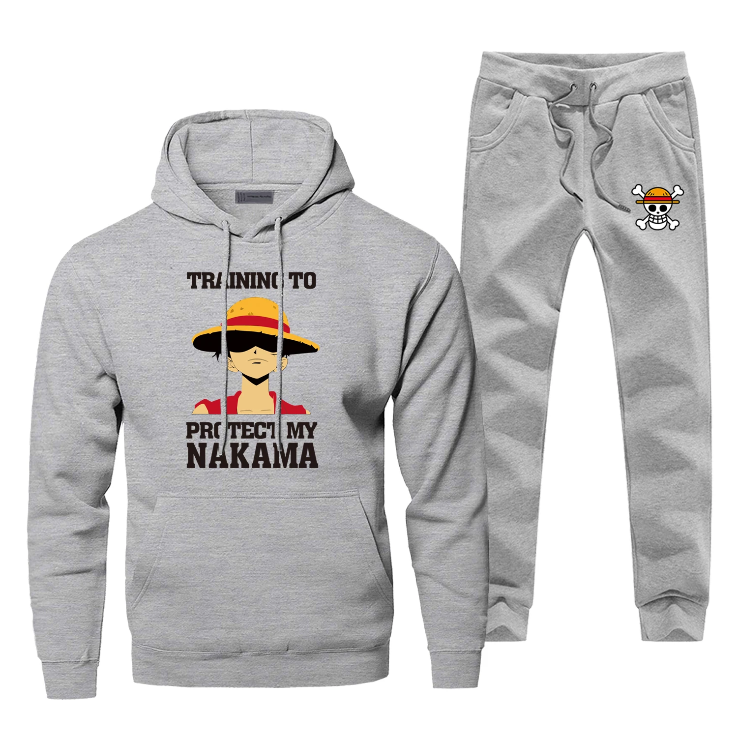 Одна штука, толстовка с капюшоном, брюки, набор, Луффи, Мужская толстовка, Череп, мужские толстовки, свитшоты, мужские комплекты, 2 шт, штаны, пуловер, Япония, аниме, пальто - Цвет: Gray