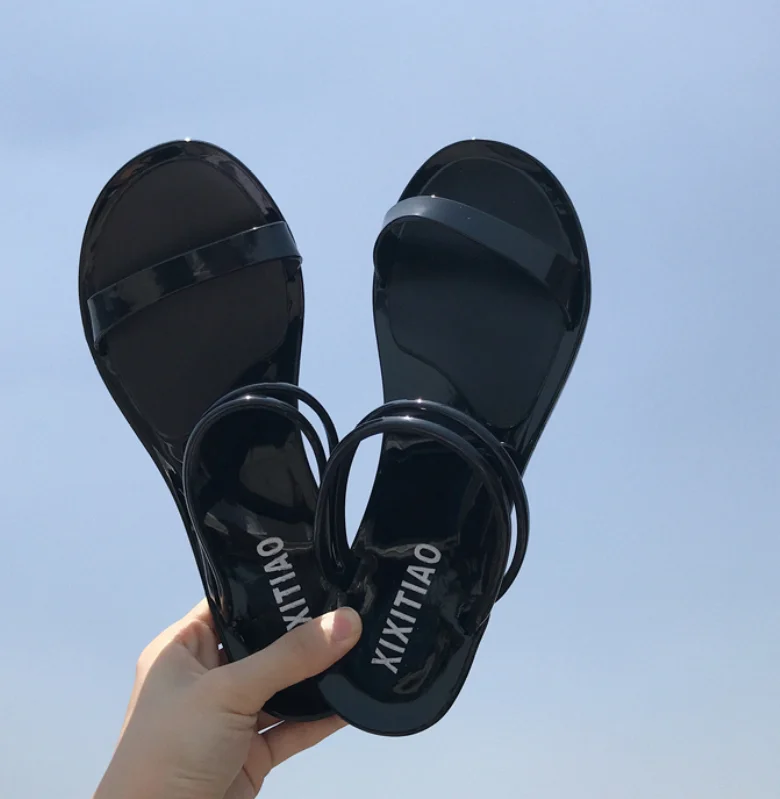 Женские прозрачные сандалии; прозрачные шлепанцы с узором «елочка»; Вьетнамки; блестящие сандалии; пляжная обувь на плоской подошве; прозрачная обувь для дождливой погоды - Цвет: Черный