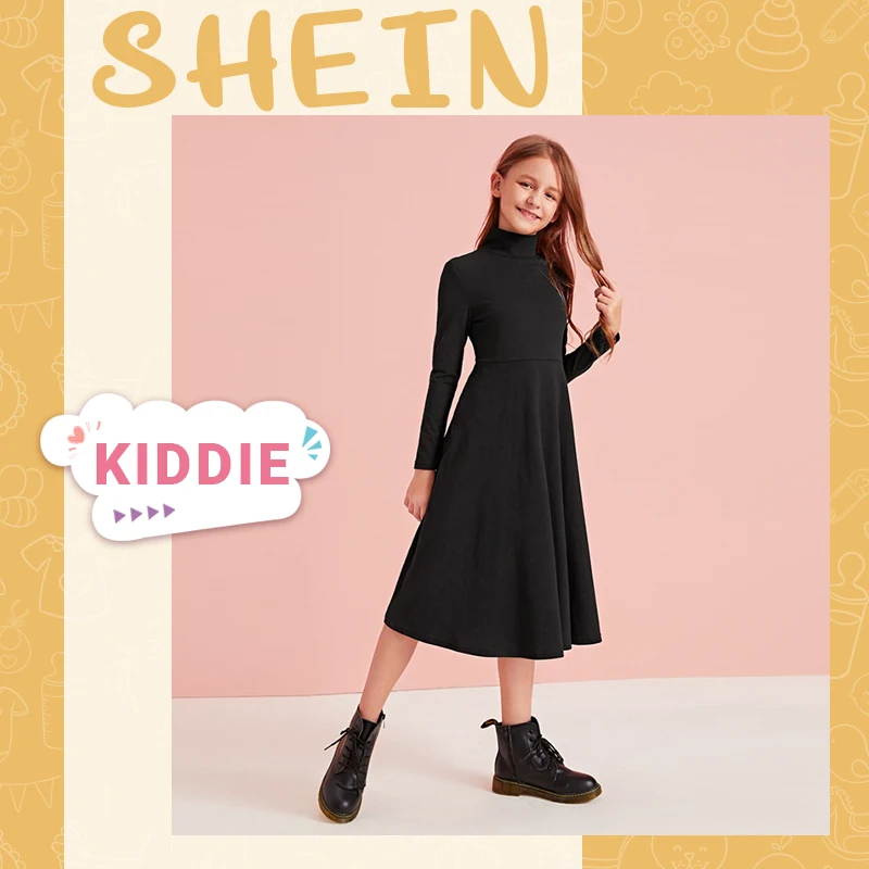 SHEIN Kiddie/однотонное повседневное расклешенное платье с высокой горловиной для детей г. Осенние платья средней длины с высокой талией и длинными рукавами трапециевидной формы для подростков