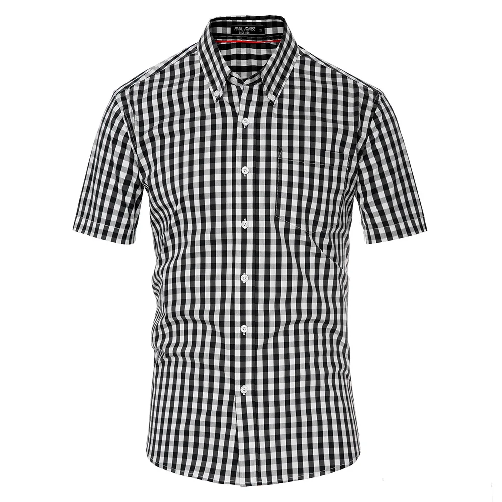 

Black/Blue Men's Button-Down Shirt Tops Short Sleeve Button Placket Curved Hem Plaided Summer Shirts Leisure Work Office Wear