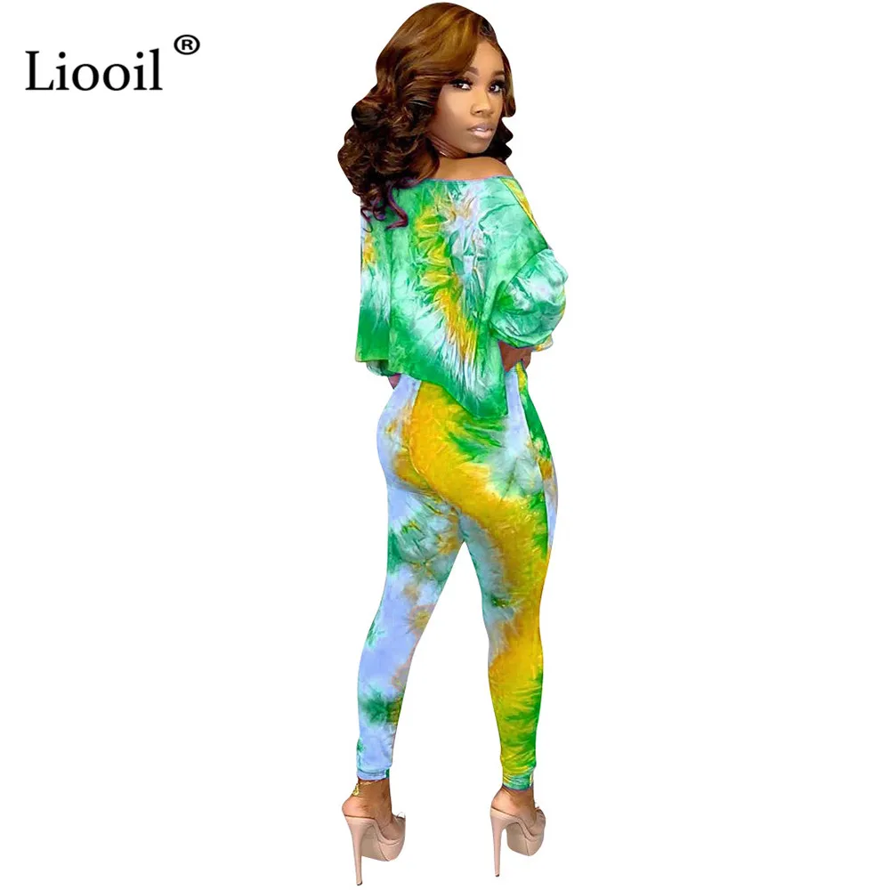 Liooil Tie Dye спортивный костюм женский комплект из двух предметов осень скидка пикантное платье на одно плечо футболка Топ и длинные брюки-карандаши набор для бегунов