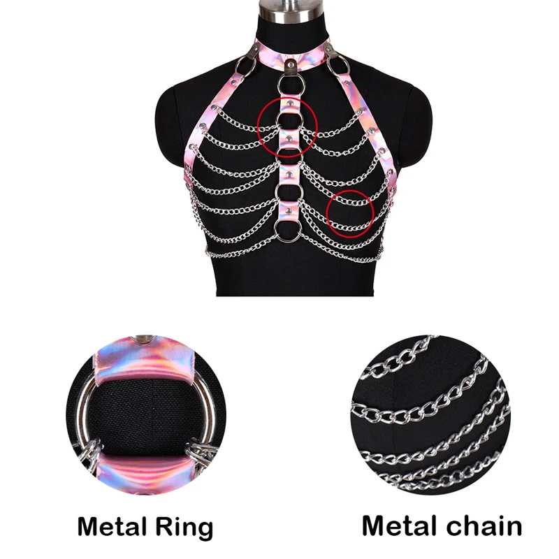 Laser Leather Body Harness Cage Bra Lingerie Belt Fetish for Women Sexy Punk Goth Bondage Crop Tops Harness Bra Dance Club Rave