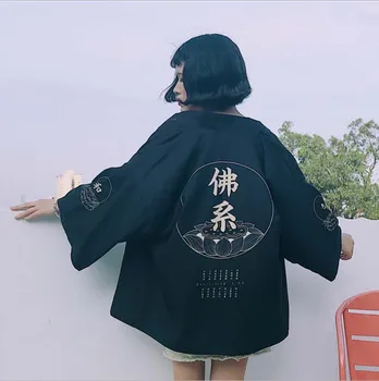 

Kimonos Women Japanese Kimono Cardigan Black Three Quarter Sleeve Blouse Coat Women Japanese Yukata Summer Beach Kimono For Lady