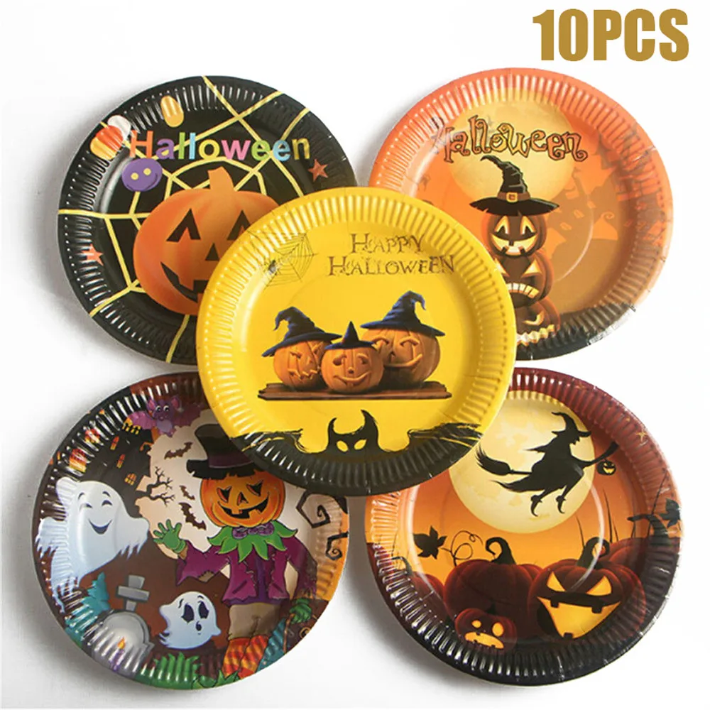 10 шт. бумажных тарелок на Хэллоуин, одноразовые бумажные лотки, вечерние принадлежности на Хэллоуин, кухонные тарелки, вечерние тарелки# YL10