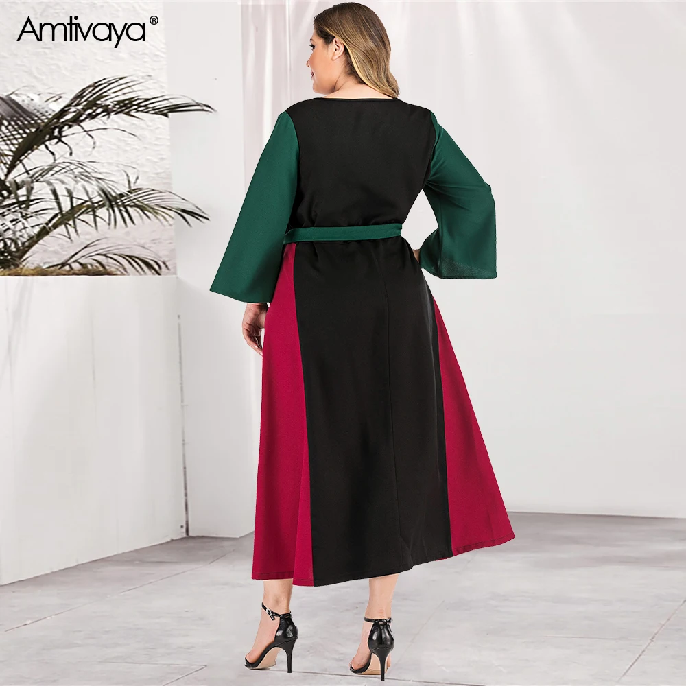 Atimvaya, женское элегантное платье большого размера плюс,, хит, цвет, пэчворк, свободное, длинный рукав, шифон, o-образный вырез, платья, тонкий пояс