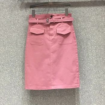 

2020 Summer Womens High Waisted Red Army Green Black Stretchy Pockets Denim Skirt , Korean Pencil Jeans Skirts for Woman