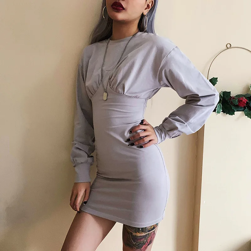 

Hot 2019 autumn new fashion retro women's long-sleeved round neck folds solid color slim slimming bag hip mini dress