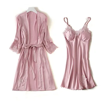 

Casual Soft Twinset Robe Set Nightgown Sexy Short Kimono Gown 2PCS Homewear Solid Pink Women Bride Bridesmaid Wedding Robe Set