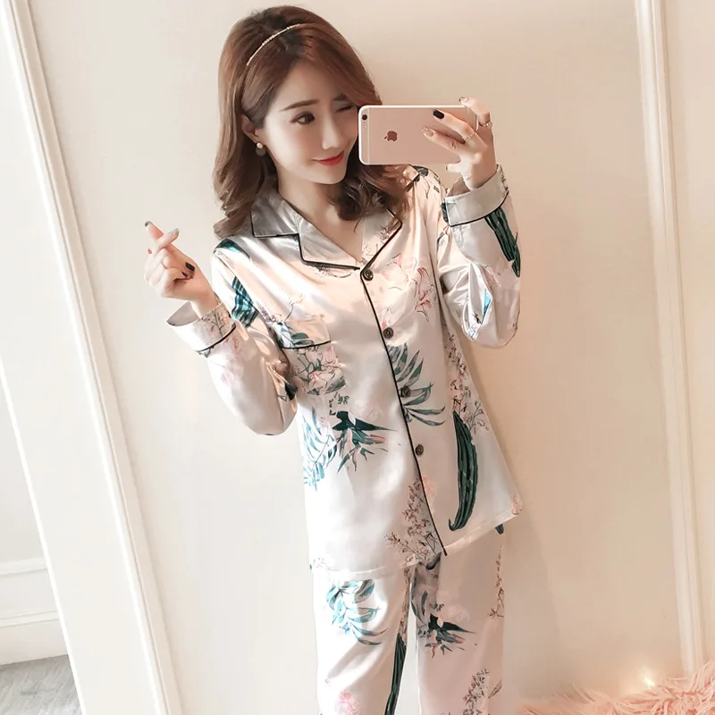 Шелковые пижамы с длинными рукавами женский летний комплект из двух предметов, вискоза, корейский стиль, верхняя одежда, весна и осень, имитация шелковой ткани для дома