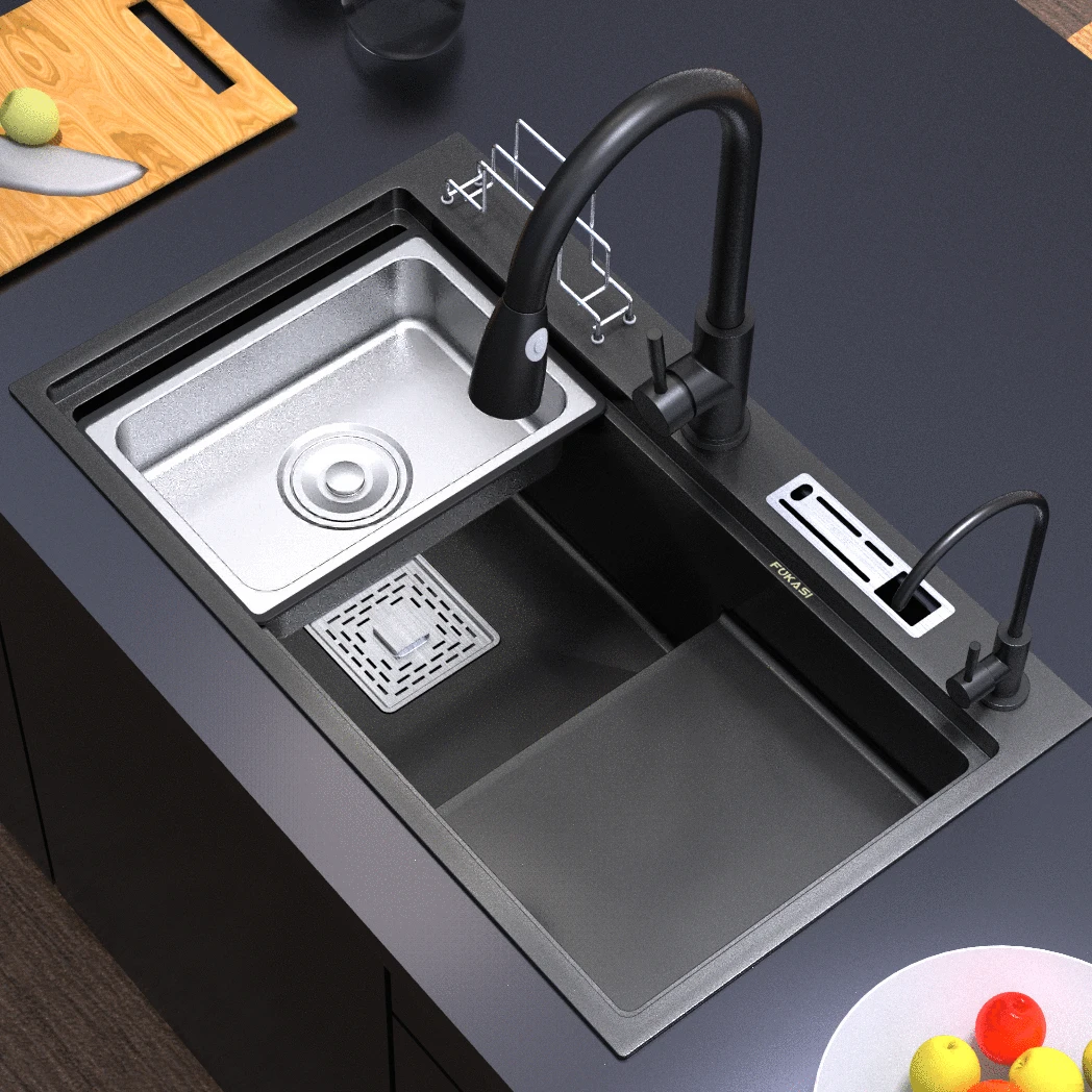 

Нано-черная лестница Большая одиночная кухонная раковина 4 мм утолщенная с держателем для ножей стол из нержавеющей стали под 780x460мм