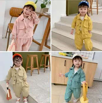 

2020 new girls boys 2 pcs set coat+long pants fashion spring cotton kids suit 1-6 years HM512