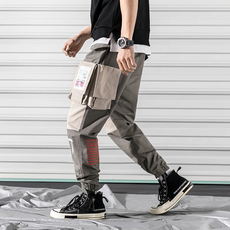 Pockets Cargo Pants Men Letter Embroidery Hip Hop Harem Joggers Color Patchwork Track Trousers Man Skateboard Streetwear