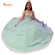 Мятный Синий Тюль бальные платья Милая с открытыми плечами для девочек Бальные вечерние платья бисером аппликации халат de bal D1316