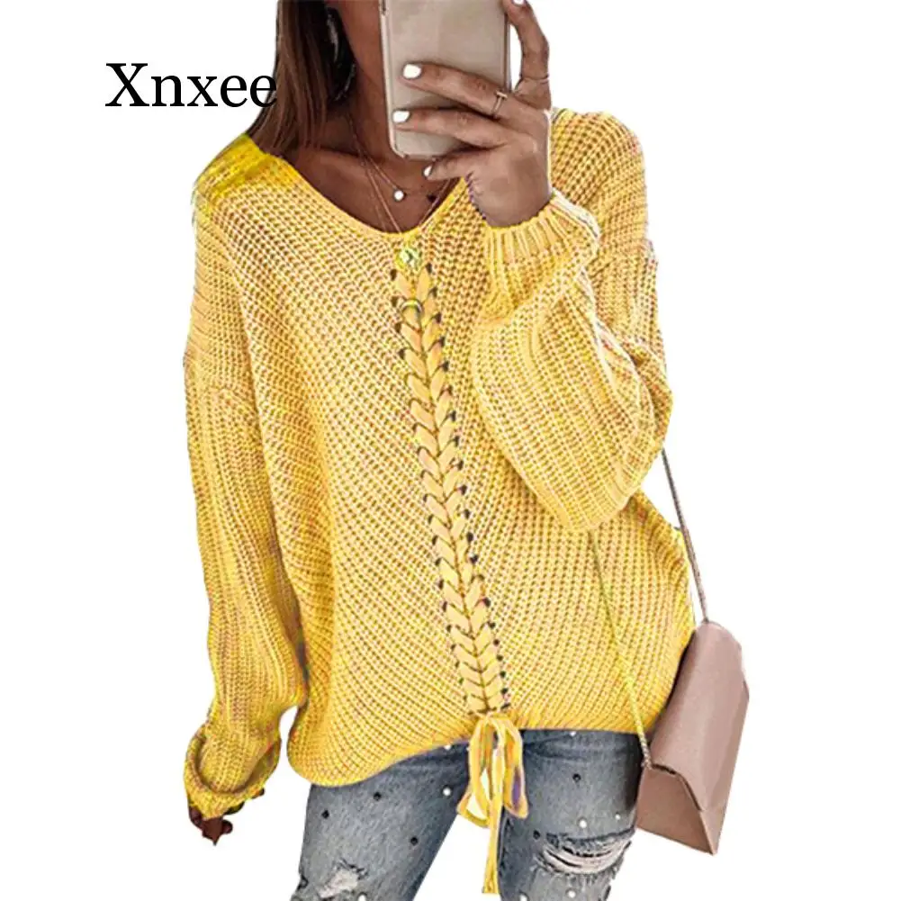 

Autumn Winter Women Sweater Solid Yellow V Neck Bandage Long Sleeve Jumper Top Spandex Loose Women's Sweater Jersey Mujer