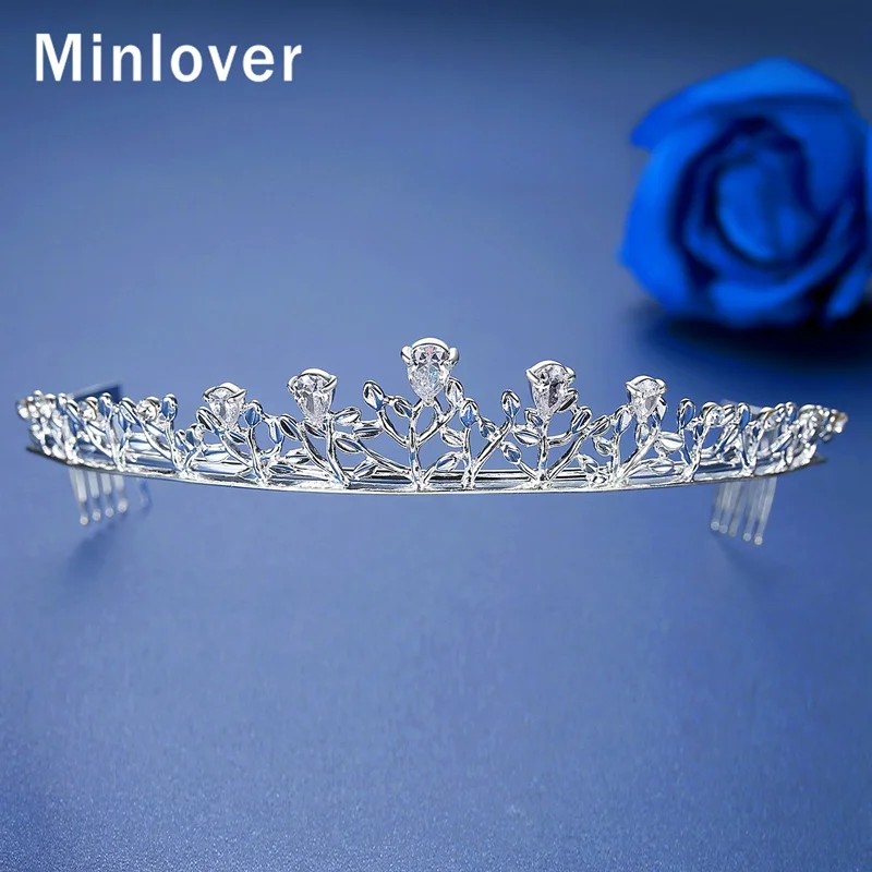 Minlover, циркониевые короны невесты, диадемы с гребнем, серебряные свадебные аксессуары для волос, повязка на голову, пышное украшение для принцессы, HG227