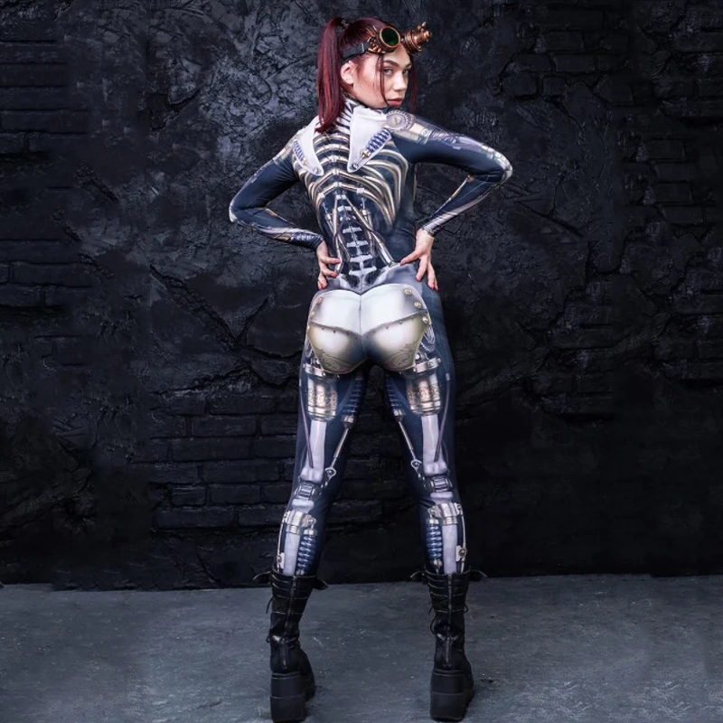 New Female Halloween Scary Future Technology Style Robot Skeleton Bone Print Jumpsuit Sexy Long Sleeved Women Slim Tight Costume
