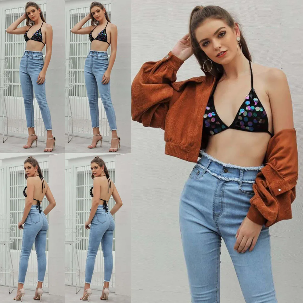 Горячая Летняя мода для женщин пуш-ап ночной клубный Топ Bralette Блестящие Блестки пляжный кроп Бикини Топ с глубоким вырезом Топы от солнца