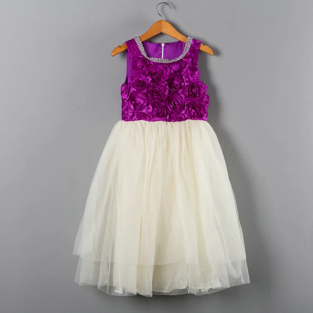 

High Quality Childrens Trendy Party Clothes Rhinestones Beaded O-neck Lolita Beige and Purple Wedding Dresses for Little Girls