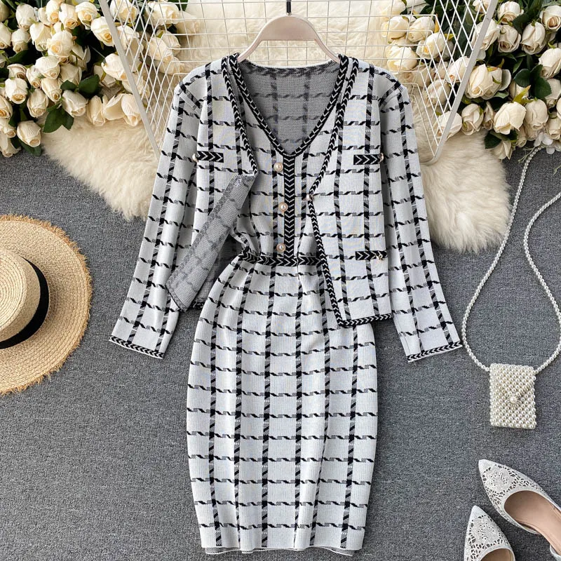 

Plaid Sweatsuits For Women 2 Piece Set Sweater Cardigan + Sleeveless Bodycon Dress Elegant Two Piece Set Autumn 2020 Tracksuit