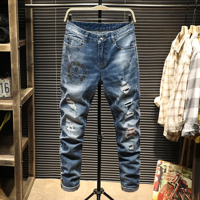 

New jeans male feet hole popular logo embroidery men cultivate morality spring elastic pants