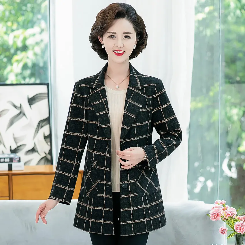 

Mature Women Plaid Blazer Autumn Winter Red Yellow Checked Jacket Suit Middle Aged Ladies Smart Casual Notched Collar Outfit