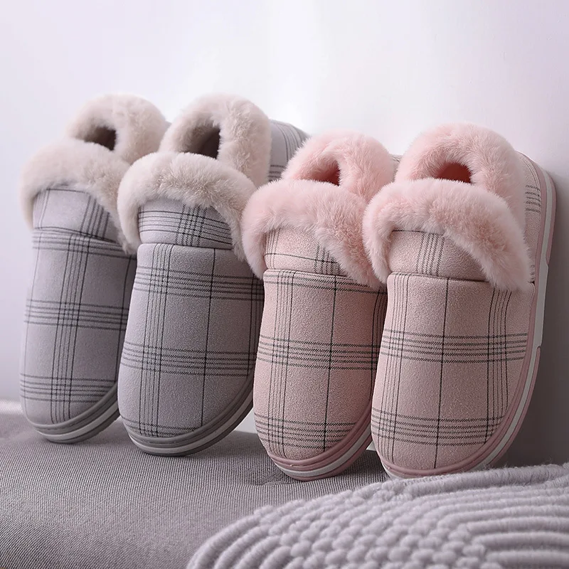 

Suihyung Winter Home Slippers Women Men Warmth Plush Indoor Floor Shoes Faux Fur Flat Cotton Shoes Platform Slides Furry Shoes