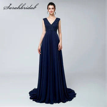 

Elegant Sweep Train Navy Blue Chiffon Evening Dress Long Dubai V neck Beads Sleeveless Formal Party Gowns Robe De Soiree 3121