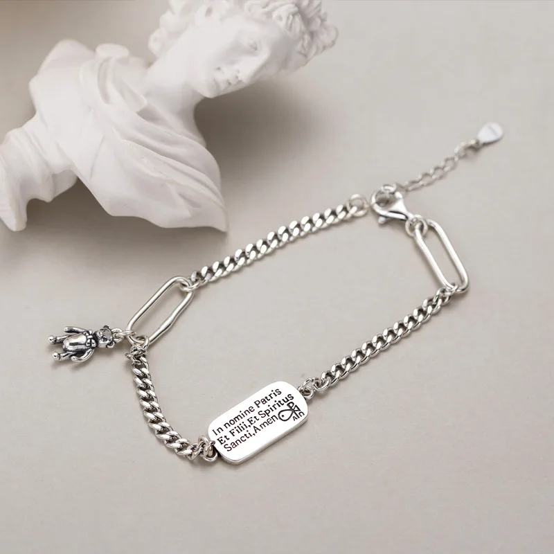 antique silver Милый медвежонок, кулон, браслет, 925 пробы, серебро, маленькая буква с изображением рыбки, браслет, закругленный, квадратный, звено, блок, Модный женский браслет - Окраска металла: antique silver