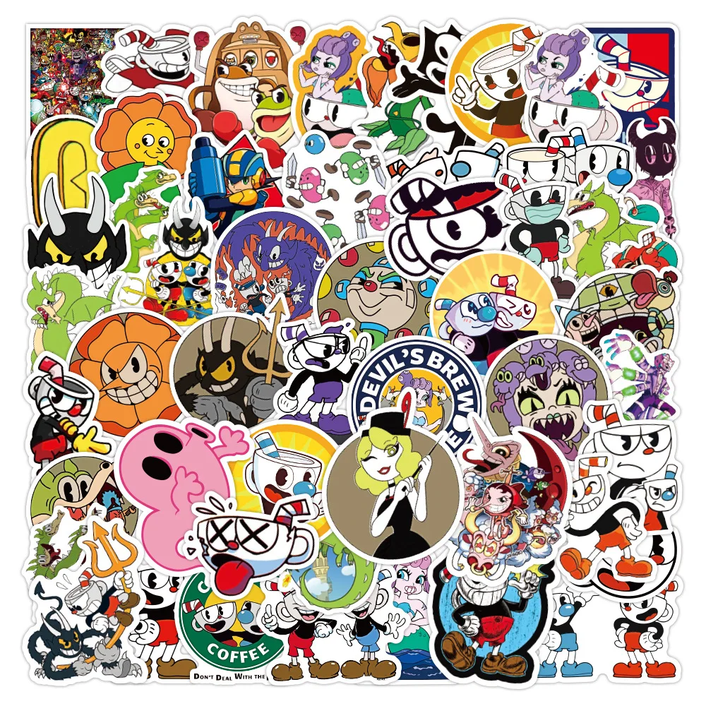 Cuphead Funny Game Stickers 10/30/50pcs Waterproof Laptop Notebook Skateboard Computer Luggage DIY Decal Cartoon Kid Sticker Toy cartoon stickers