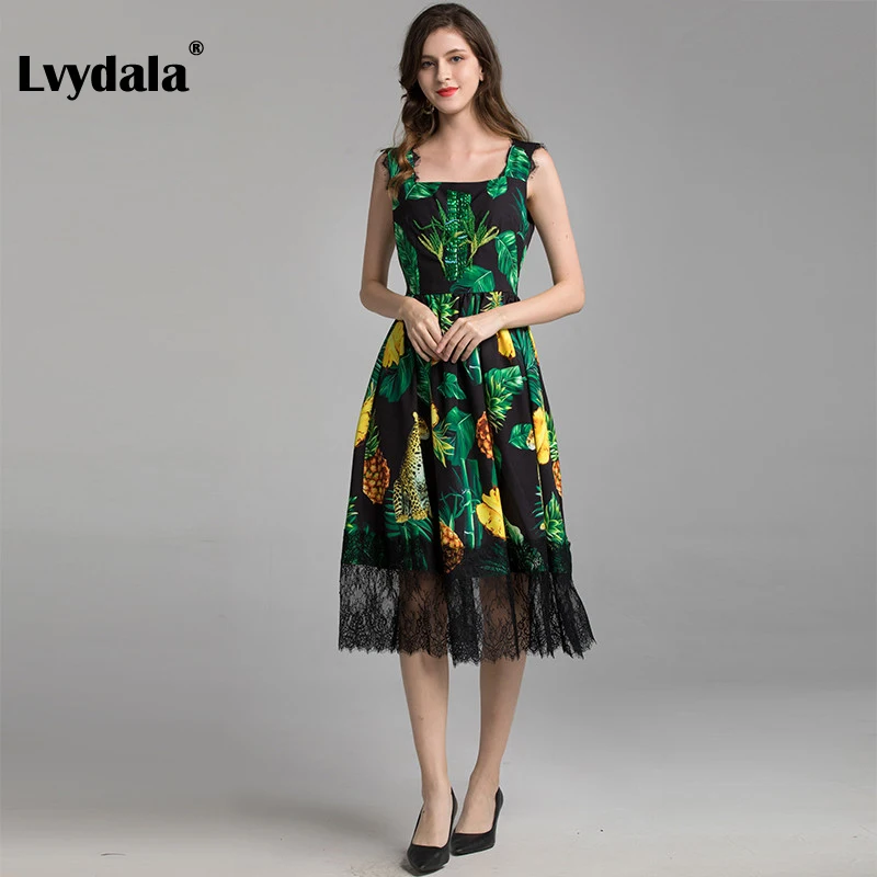 Lvydala, модное дизайнерское платье, летнее женское платье на бретельках, расшитое бисером, блестками, ананасом, зеленым листом, праздничное платье