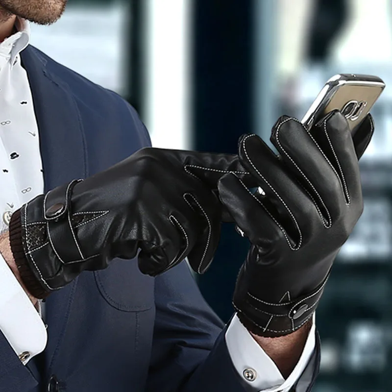 Men Leather Knitted Gloves Luxury Leather Gloves Male Winter Guantes Warm Sheepskin Gloves Simple Prevent Cold Mittens For Men