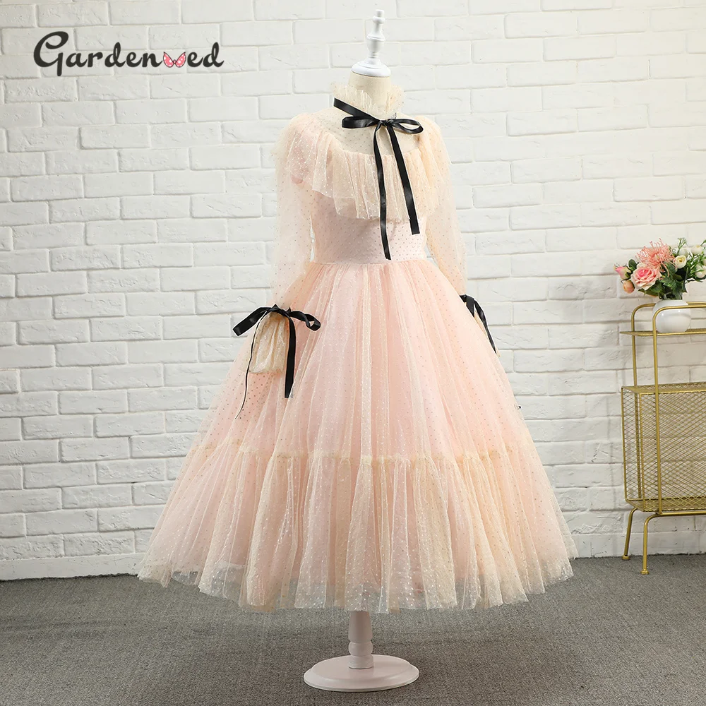 Polka-dot Tulle Flower Girl Dresses Illusion Long Sleeves Girl Wedding Party Dress Ribbons Communion Dress Birthday New Year