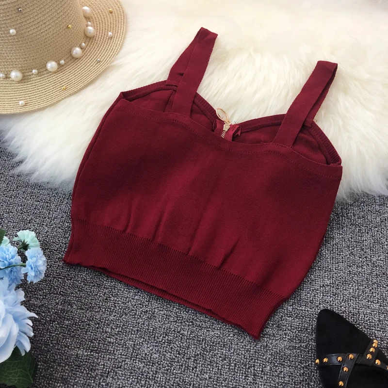 Zipper Knitting Camisole With Hole Sleeveless Solid Strap Top