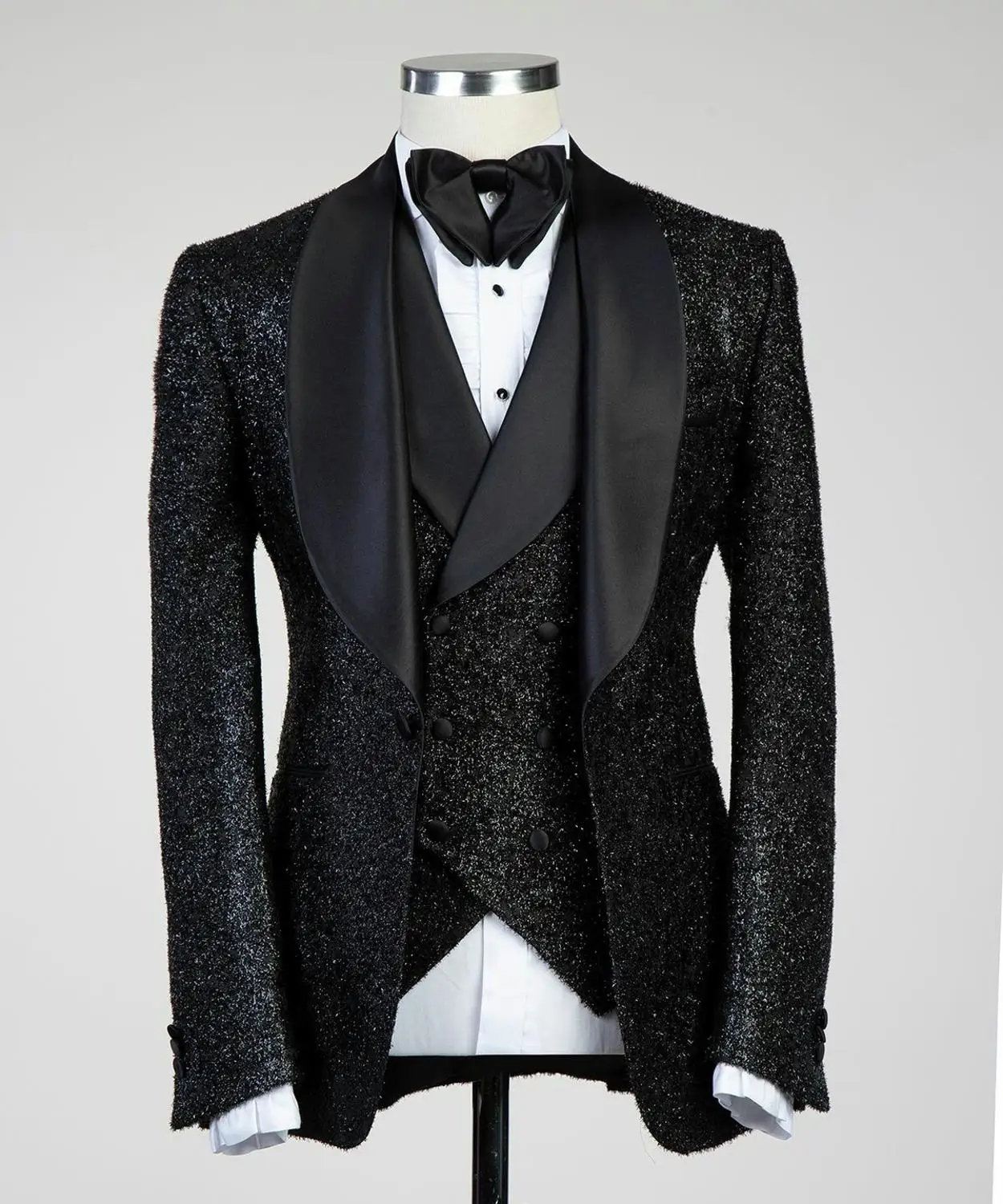 Fashion Black Sequins Men Suits Three Pieces Shawl Lapel Designer Wedding Tuxedos Mens Jacket Vest Pants