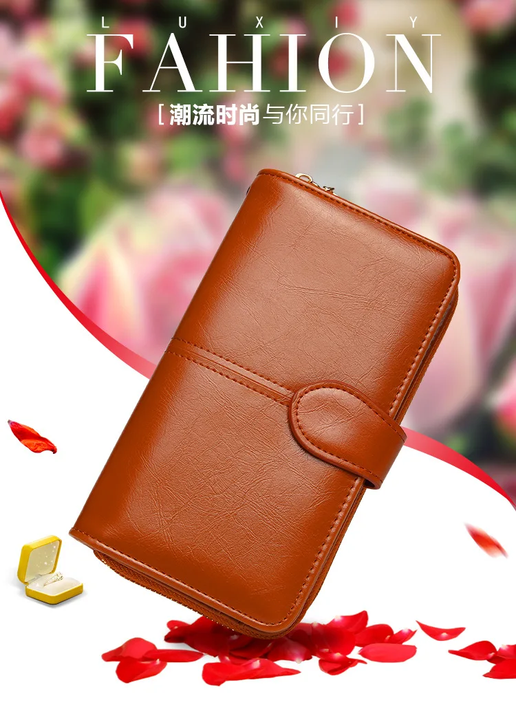 HUGWISER, Женская Длинная модель, популярный Ретро кошелек, масло, кожа, молния, пряжка, сумка для мобильного телефона, европейская, американская, женская сумочка