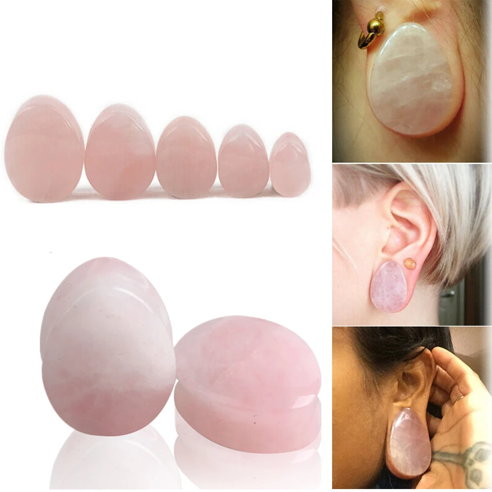 

2pcs Teardrop Ear Piercing Rose Color Quartz Natural Stone Ear Gauge Plugs Ombligo Expander Ear Stretcher Piercing Jewelry Oreja