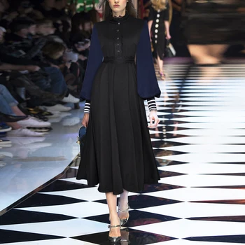 

VERDEJULIAY Fashion Designer Black Dress Women's Long Lantern Sleeve Striped Vintage Dress Gown Formal Christmas Party Dress