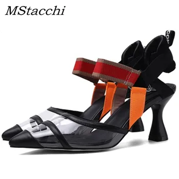 

MStacchi Transparent Pointed Toe Pumps Women Upscale Genuine Leather Bright Leather Sexy High Heel Shoes Woman Plus Size 34-42