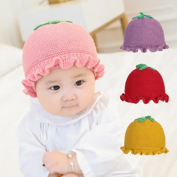 

Cute Warm Tomato Design Hats Knitted Wool Hemming Caps Autumn Winter born Baby Caps
