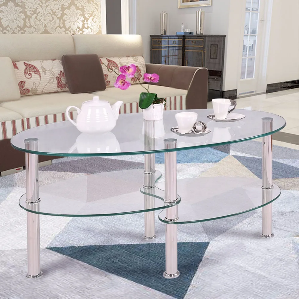 Modern Tempered Glass Oval Side Coffee Table Desk Shelf Chrome